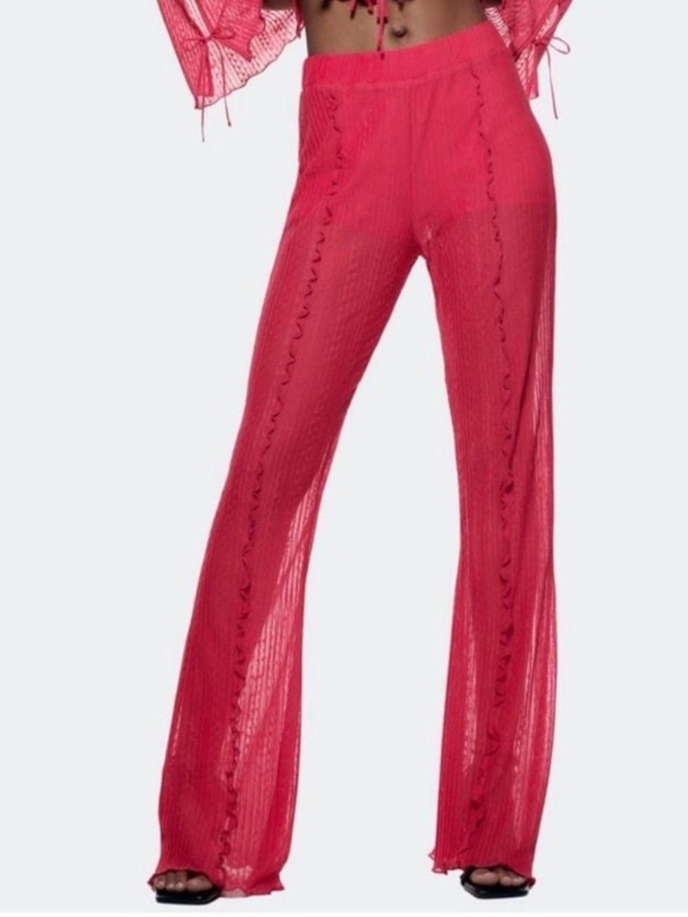 Zara Sheer Pleated Ruffle Flowy Pants Size Large Boho Beachy Summer Festival